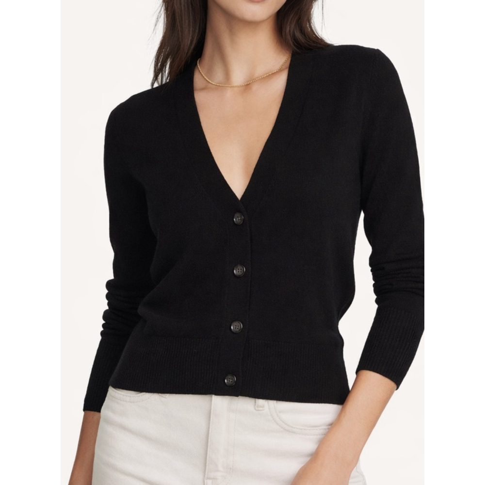Banana Republic Black Merino Wool Cardigan Fitted V Neck Minimalist Small